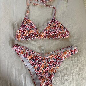 SHEIN Floral Triangle Bikini Top & Bottom in White, Orange, Red